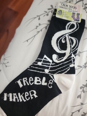 Women's Black & White Treble Maker Crew Socks - Music Note Design